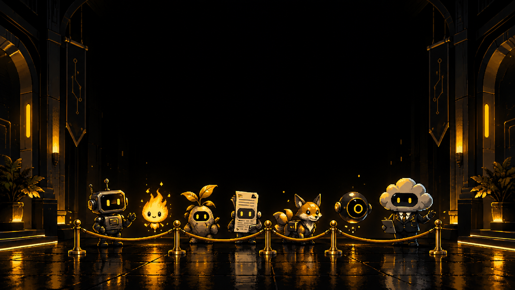 A lineup of original Mujpi helper characters in a black and gold digital lobby